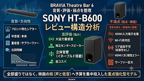SONY HT-B600 BRAVIA Theatre Bar 6 レビュー分析｜音質・評価・弱点を