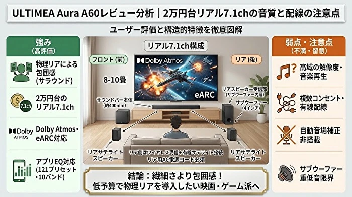 ULTIMEA Aura A60のスピーカー構成と設置イメージ